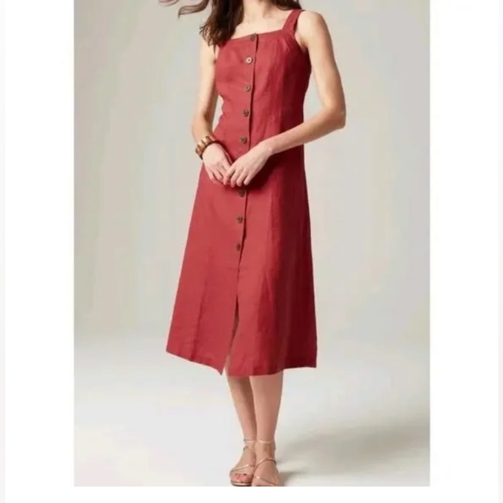 J Jill Love Linen Cape Cod Red Button-Front Midi Dress Thick Straps M Petite